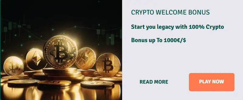 Staxino Casino – Crypto Welkomstbonus Staxino Casino Crypto Welcome Bonus banner met gouden munten en aanbieding van 100% bonus tot 1000€ voor cryptostortingen