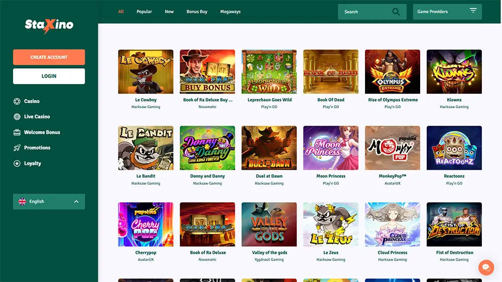 Staxino Casino – Officiële Website Staxino Casino homepage met een uitgebreid spellenassortiment, waaronder Book of Dead, Le Cowboy, Moon Princess en Valley of the Gods