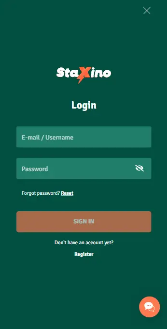 Staxino Casino – Inloggen Staxino Casino inlogpagina met velden voor e-mail of gebruikersnaam en wachtwoord, inclusief wachtwoord vergeten optie