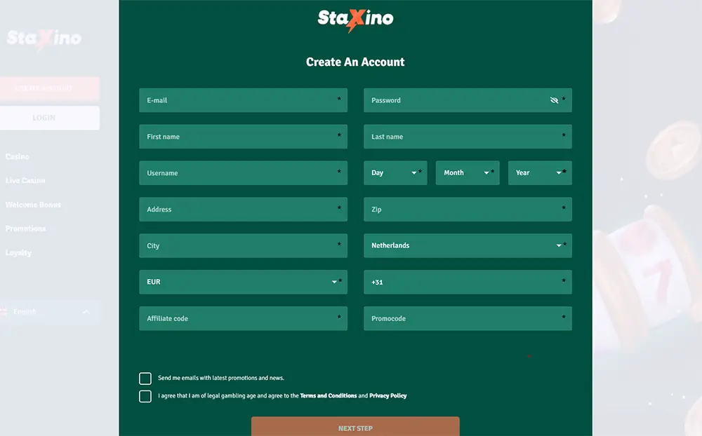 Staxino Casino – Account Aanmaken Staxino Casino registratieformulier met velden voor e-mail, wachtwoord, naam, adres en promocode